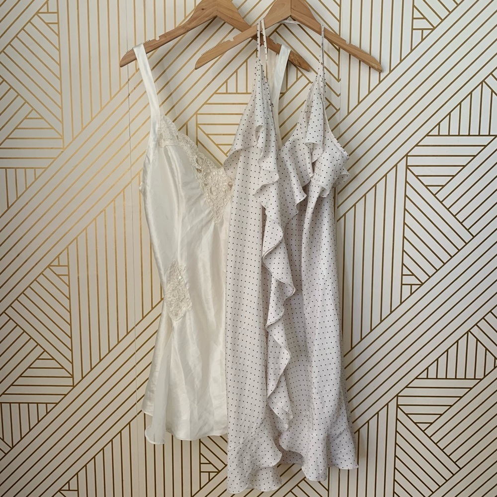 Victoria's Secret lot 2 satin lace trim slips chemise ruffle sequin sweetheart L